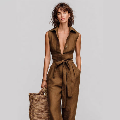 Combinaison Femme en Lin Marron – Élégance Naturelle et Chic Estival