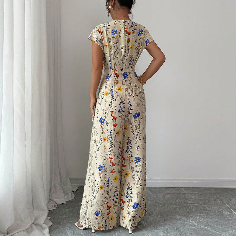 Combinaison Femme Longue Imprimé Floral – Col Cache-Cœur Élégant