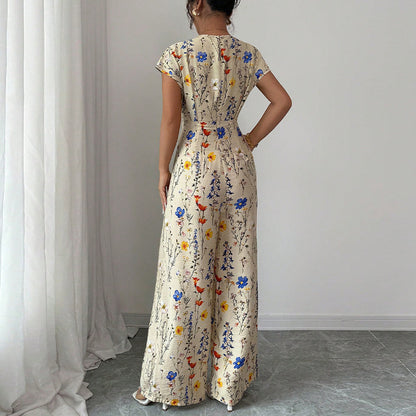 Combinaison Femme Longue Imprimé Floral – Col Cache-Cœur Élégant
