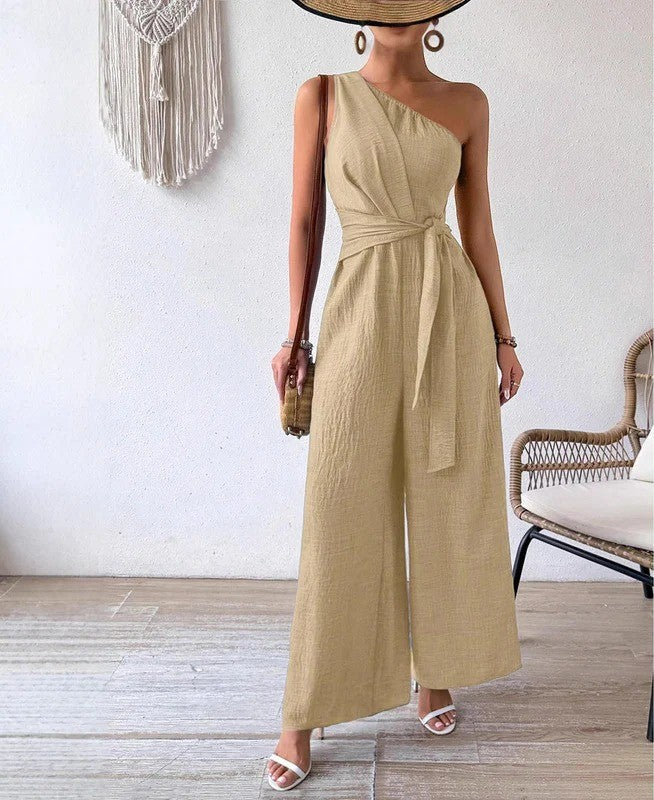 Combinaison Femme Asymétrique à Une Épaule – Coupe Large et Ceinture à Nouer