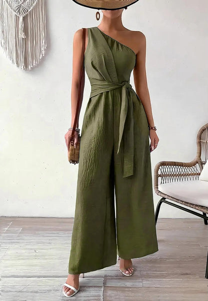 Combinaison Femme Asymétrique à Une Épaule – Coupe Large et Ceinture à Nouer