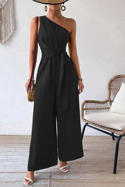 Combinaison Femme Asymétrique à Une Épaule – Coupe Large et Ceinture à Nouer